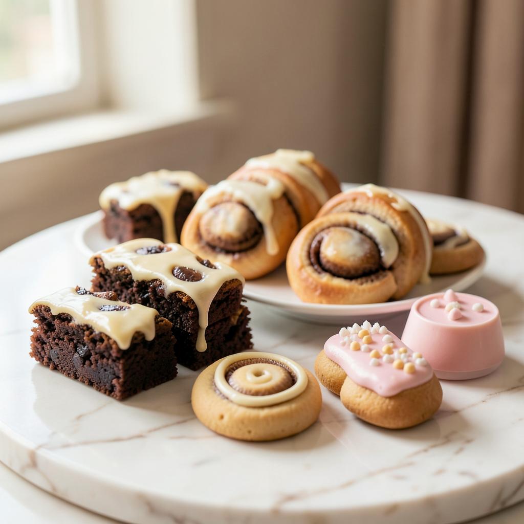 Brownies, cinnamon rolls, cookies and cakesicles arranged on marble